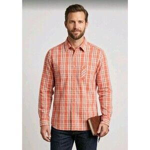 LIFE KHAKI SHIRT SLIM XL BUTTON DOWN POCKETS PLAID ORANGE LONG SLEEVE